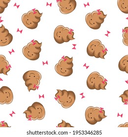 Seamless pattern with kawaii poop on white background. Cartoon poo, feces icons. Shit patterns, evil turd. Vector illustration for invitation, poster, card, fabric, textile. Doodle style.