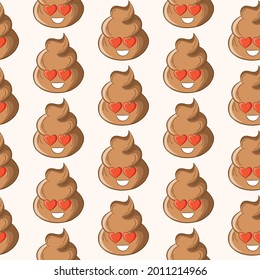 Patrón sin foco con popó kawaii sobre fondo blanco. Poo de dibujos animados, íconos de heces. Patrones de mierda, malvado turbio. Ilustración vectorial para invitación, afiche, tarjeta, tela, textil. Estilo Doodle.