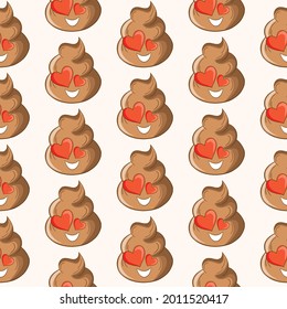Patrón sin foco con popó kawaii sobre fondo blanco. Poo de dibujos animados, íconos de heces. Patrones de mierda, malvado turbio. Ilustración vectorial para invitación, afiche, tarjeta, tela, textil. Estilo Doodle.