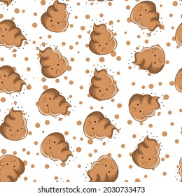 Seamless pattern with kawaii poop on white background. Cartoon poo, feces icons. Shit patterns, evil turd. Vector illustration for invitation, poster, card, fabric, textile. Doodle style.
