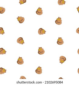 Seamless pattern with kawaii poop on white background. Cartoon poo, feces icons. Shit patterns, evil turd. Vector illustration for invitation, poster, card, fabric, textile. Doodle style.