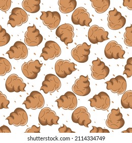 Seamless pattern with kawaii poop on white background. Cartoon poo, feces icons. Shit patterns, evil turd. Vector illustration for invitation, poster, card, fabric, textile. Doodle style.