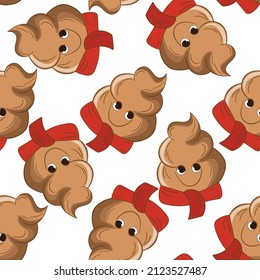 Seamless pattern with kawaii poop on white background. Cartoon poo, feces icons. Shit patterns, evil turd. Vector illustration for invitation, poster, card, fabric, textile. Doodle style.