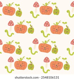 Seamless pattern kawaii pumpkin, worm, mushroom, apple