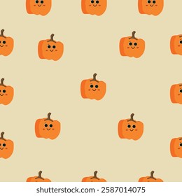 Seamless pattern with kawaii pumpkins on a light beige background. Each pumpkin is orange with a smiling face and a brown stem, giving a cozy autumn vibe