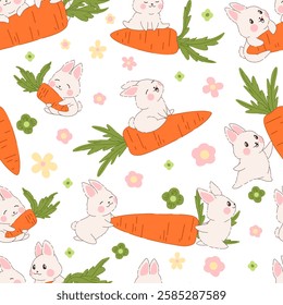 Seamless pattern with kawaii rabbits, cartoon, blooming flowers. Easter style with a joyful characters. Ideal for baby apparel, home textiles, festive decorations, posters and web design