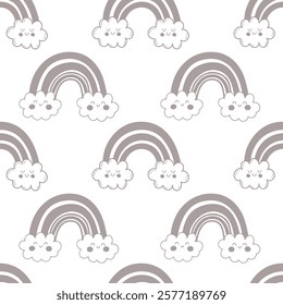 Seamless pattern with kawaii rainbows and clouds. Cute pastel background, hand-drawn illustration.
