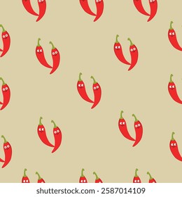 Seamless pattern with kawaii red chili peppers on a beige background. Each chili pair has small eyes and a playful expression, creating a spicy and fun design