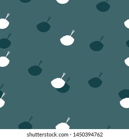 Seamless pattern of kawaii rice bowl and chopstick on green background for paper work, fabric business, wallpaper or background. Vector design.
