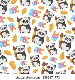 Seamless pattern with kawaii school supplies, back to school concept, cute cartoon characters - little panda, autumn leaf, alphabet or letters. Childrens vector flat illustration of education and seme