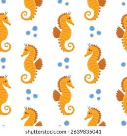 Seamless pattern with kawaii seahorse and water bubble in cartoon flat style, arranged in polka dot order on white background. Cute ocean design for kids, fabric, wrapping, and summer themes.