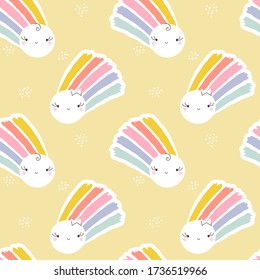 Seamless pattern of kawaii shining sun with rainbow. Creative vector design for cute wallpaper or funny packaging