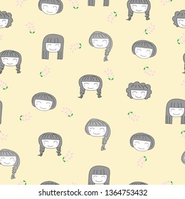 Seamless pattern of kawaii smile girl face in different hair style yellow background, Vector design for paper print business, fabric or background. Vector design.