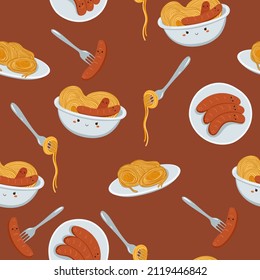 Seamless pattern with kawaii spaghetti and sausages. Vector graphics.