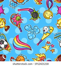 Seamless pattern with kawaii sport items. Cute funny characters. Illustration for competition and tournament.