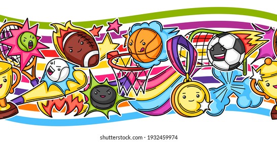 Seamless pattern with kawaii sport items. Cute funny characters. Illustration for competition and tournament.