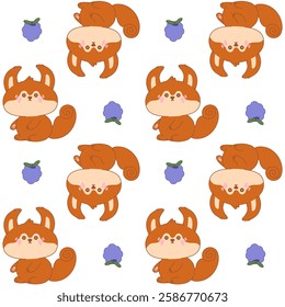 Seamless pattern of kawaii squirrel with blackberry. Cute wild forest animal. Adorable character cartoon vector illustration for textile, fabric, packing, gift print, baby clothing