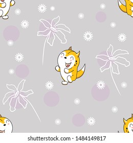 seamless pattern with kawaii squirrel, contours of flowers and pink balls on a neutral gray background.