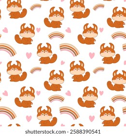 Seamless pattern of kawaii squirrel with rainbow and hearts. Cute wild forest animal. Adorable character cartoon vector illustration for textile, fabric, packing, gift print, baby clothing. 