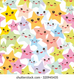 Seamless pattern Kawaii stars set, face with eyes, boys and girls pink green blue purple yellow pastel colors on white background. Vector