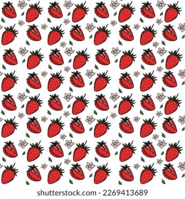  Seamless pattern with kawaii strawberry. Cheerful design for kids clothes with cute strawberry characters and sliced strawberry on pink background