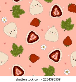 Seamless pattern with kawaii strawberry daifuku. Vector graphics.