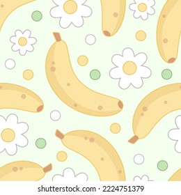 Seamless pattern in kawaii style of bananas, white flowers and green, white, and yellow dots on a green background. 