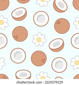 Seamless pattern in kawaii style of coconuts. and white flowers on a turquoise background. 