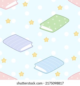 Seamless pattern in kawaii style. Cute books with stars on a blue background with white dots.