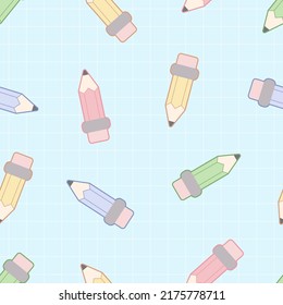 Seamless pattern in kawaii style. Cute pencils on a blue checkered background.