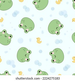 Seamless pattern in kawaii style of frogs, rubber ducks and bubbles on a blue background.