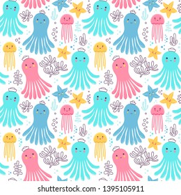 Seamless pattern with kawaii style octopus and jellyfish. Vector illustration with sea animals in cute colors.