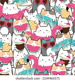 Seamless Pattern Kawaii Summer Cute Cats.  Design for scrapbooking, decoration, cards, paper goods, background, wallpaper, wrapping, fabric and all your creative projects. Vector illustration