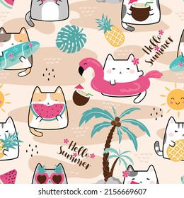 Seamless Pattern Kawaii Summer Cute Cats  Design for scrapbooking  decoration  cards  paper goods  background  wallpaper  wrapping  fabric   all your creative projects  Vector illustration


