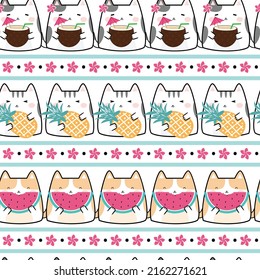 Seamless Pattern Kawaii Summer Cute Cats. Design for scrapbooking, decoration, cards, paper goods, background, wallpaper, wrapping, fabric and all your creative projects. Vector illustration

