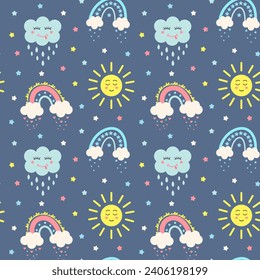 Seamless pattern with kawaii sun, cloud, boho rainbows and stars. Celestial childish print on dark blue background. 