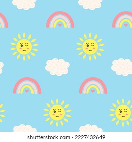 Seamless pattern with kawaii sun, rainbow and cloud on blue background. Design for textiles, texture, fabrics, wallpaper, packaging paper. 