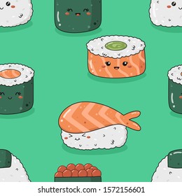Seamless pattern with kawaii sushi. Background with cute Japanese food. Restaurant roll vector.