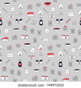 Seamless pattern with kawaii sushi food. Tile background for your design, fabric textile, wallpaper or wrapping paper.