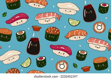 Patrón sin foco con sushi kawaii, gunkans, maki y salsa de soja. Gráficos vectoriales.