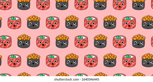 seamless pattern with kawaii sushi on a pink background. philadelphia rolls, sushi with caviar with different emotions. Japanese food. for paper, cover, fabric, interior decor and other users