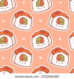 Seamless pattern with kawaii sushi roll. Cute anime print for phone case, backgrounds, fashion, wrapping paper and textile. Vector