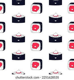 Seamless pattern with kawaii sushi. Vector illustration in flat style