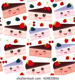 Seamless pattern Kawaii Sweet cake decorated with fresh Strawberry, pink cream and chocolate icing, cake with fresh blueberry, pink chocolate cream and icing, pastel colors on white background. Vector