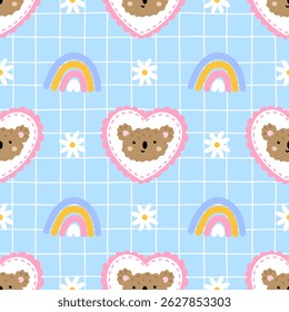 Seamless pattern with kawaii teddy bears and tiny flowers on a gingham background. Cute pastel vector design for baby textiles, nursery wallpaper, and kids clothing
