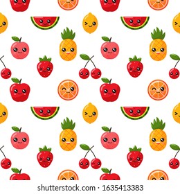 seamless pattern kawaii tropical fruit isolated on white background. vector illustration.
