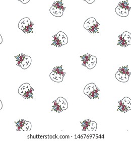 Seamless pattern with kawaii unicorn cat faces on white background. Vector 8 EPS.
