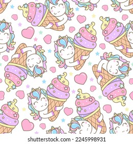Patrón sin foco con kawaii unicornio, helado y corazón. sobre un fondo blanco. Para el diseño de tejidos, papeles pintados, fondos, papel de embalaje, scrapbooking. Vector