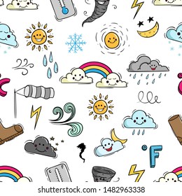 Seamless Pattern of Kawaii Weather Elements With Doodle Style