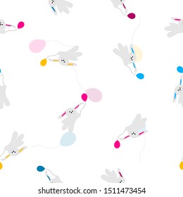 Seamless pattern of kawaii white rabbit with balloon for wallpaper, paper business, fabric print, textile pattern. Vector design.